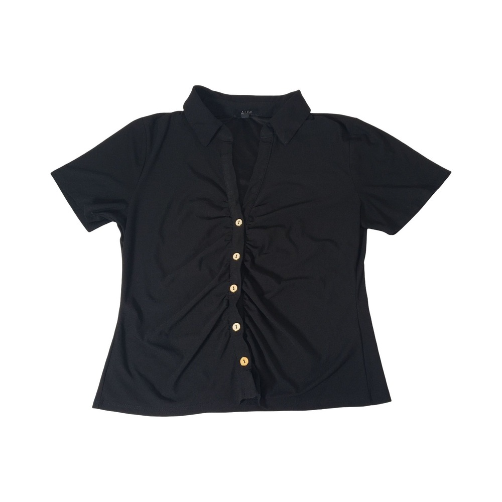 AUW Womens Black Ruched Short Sleeve Polo V-Neck Button Top Medium T87054F67